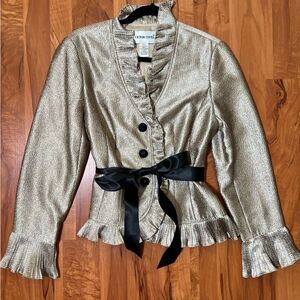 Victor Costa Metallic Gold Ruffle Blazer with Black Satin Tie